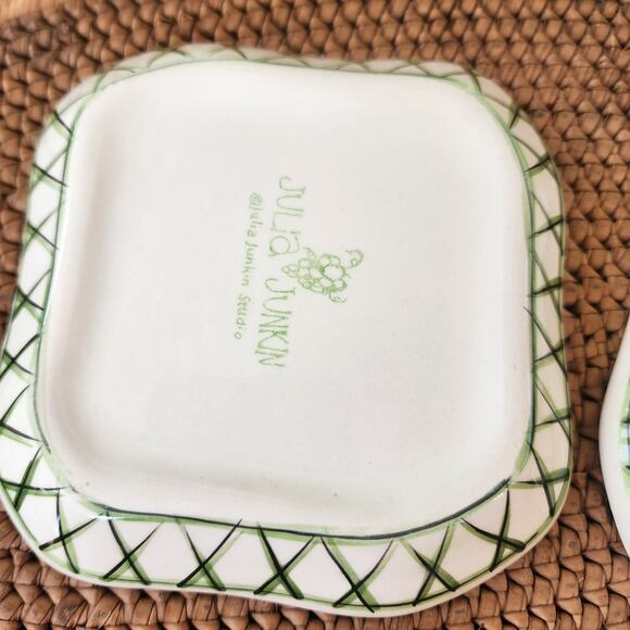 Julia Junkin 5" appetizer plates set of 3 yellow with black olive & branch print - Picture 3 of 9